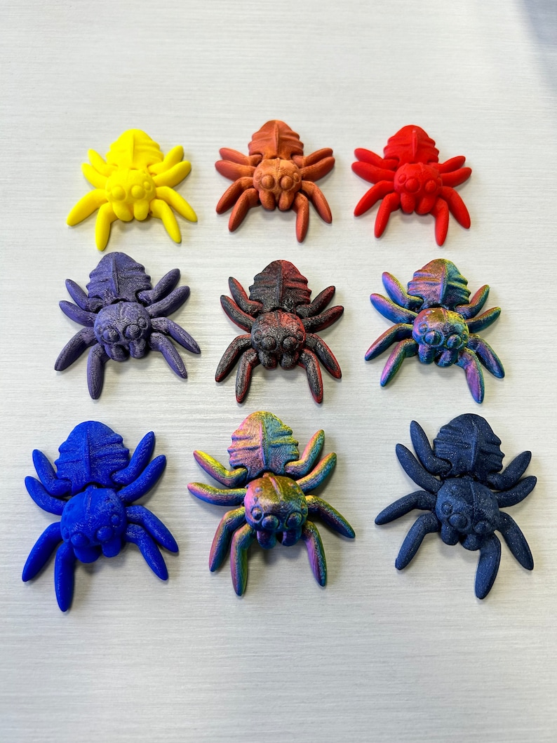 3 in. fidget spiders with bodies and legs that move. Available in a variety of colors.