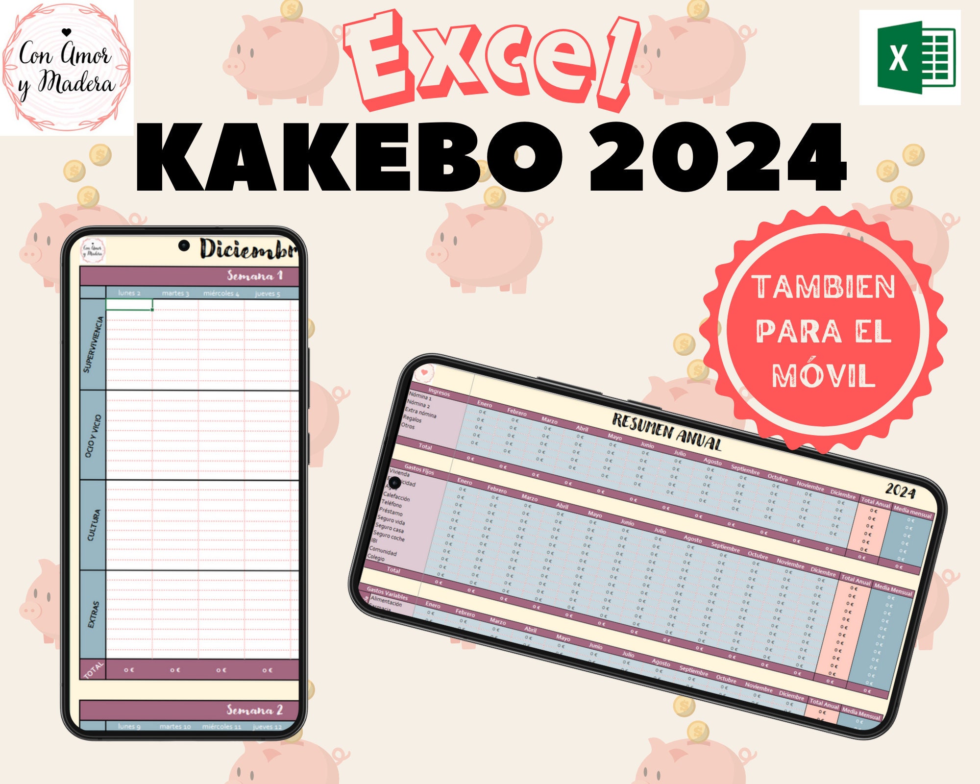 Kakebo 2024 Digital Excel, Domestic Account Book, Economy, Easy Finance,  Includes Annual Summary, Spanish Organization Offer 
