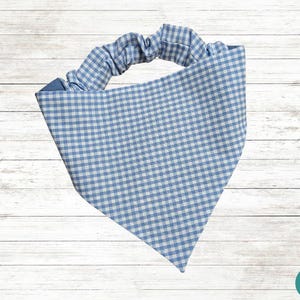 May include: A blue and white gingham dog bandana with a gathered elastic band at the top.
