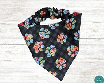 Floral Paw Print Dog Bandana: Black Plaid, Summer Pet Scarf