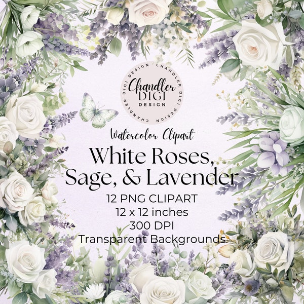 White Roses, Sage Leaves and Lavender Floral Bouquet Clipart | Watercolor Style Clipart | 300 dpi, transparent background Clipart