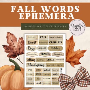 Può includere: Un set di 34 adesivi digitali a tema autunnale con parole come "Autunno", "Raccolto", "Accogliente", "Cadere", "Ringraziamento", "Aria fresca", "Toppa di zucca", "Ottobre", "Novembre", "Freddo", "Spezie di zucca", "Flanella", "Caramello", "Crepuscolo", e altro ancora. Gli adesivi sono in stile vintage con colori marroni e beige.