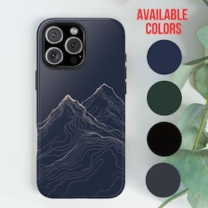 Étui de portable design Mountain Line, coque de portable minimaliste, iPhone 16 15 14 13 12 11 8 X Pro Max Plus, coque de portable solide, cadeau pour amoureux de la nature
