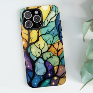 Stained Glass Tree Phone Case, Mystic Nature Phone Cover, Tree of Life, Emulates Stained Glass, iPhone 16 15 14 13 12 8 X Pro Max Plus