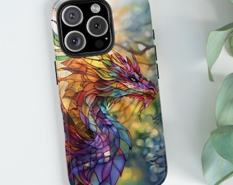 May include: A colourful stained glass dragon phone case with a vibrant purple, blue, yellow and orange design. The case is designed for an iPhone with a camera lens cutout.