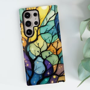 Stained Glass Tree Phone Case, Mystic Nature Phone Cover, Tree of Life, Emulates Stained Glass, Samsung S25 S24 S23 S22, Google Pixel 9 8 7