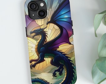 May include: A phone case with a stained glass design featuring a blue and purple dragon with its wings spread wide. The dragon is flying over a landscape with a river and mountains. The background is a sunset with orange, yellow, and pink colours.