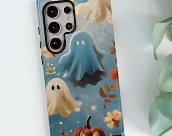 May include: A phone case featuring a Halloween-themed design. The case has a blue background with illustrations of ghosts, pumpkins, and autumn leaves. The case is designed to fit a smartphone.