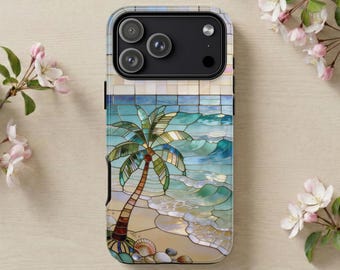 Stained Glass Style Beach Phone Case, Coastal Ocean Phone Cover, Summer Beach Phone Case