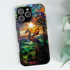 MagSafe® Stained Glass Dragon Phone Case, Dragon design, High Quality Printing, iPhone 16 15 14 13 12 11 8 X Pro Max Plus, tough iphone case