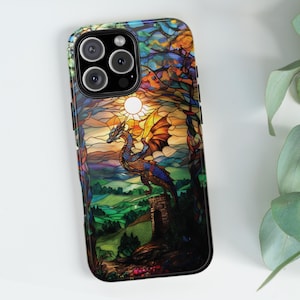 Coque de portable dragon en vitrail, design dragon, pour iPhone 16, 15 14 13 12 11 8 X Pro Max Plus, coque pour iphone, coque de portable solide