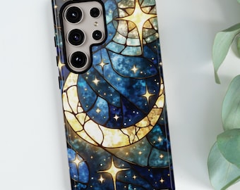 Funda para teléfono con diseño de luna y estrellas, efecto vitral, funda resistente celestial, funda para Samsung, funda para Google, S24, S23, S22, S21 y S20