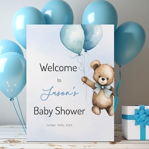 Blue Baby Shower Welcome Sign Template, Baby Boy Shower, 18x24 20x30 24x36, Blue Teddy Bear Shower