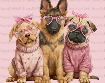 Valentine Dogs PNG, Heart Glasses, Pink Sweaters (Digital Download)