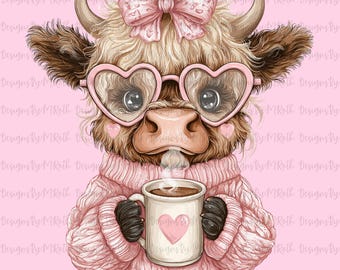 Valentine Highland Cow Clipart | Heart Glasses, Coffee PNG (Digital Download)
