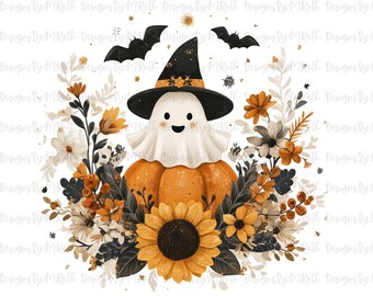 Fall Ghost Clipart | Halloween Pumpkin, Flowers (PNG Digital Download)