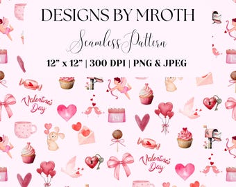 Watercolor Valentine's Day Pattern | Hearts, Cupcakes (PNG JPEG Digital Paper)