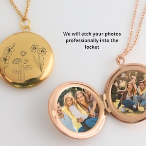 Birth Flower Locket Necklace with Photo, Birth Flower Engraved Photo Locket for Women Custom Engraved Locket With Photo Gift for Mom Grandma