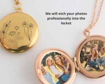 Custom Engraved Birth Flower Photo Locket, Personalized Picture Locket Necklace, Memorial Necklace,Photo Gift for Her , Mom Present