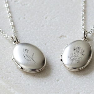 Silver Locket Necklace with Birth Flower, Personalized Tiny Dainty Locket with Picture, Botanical Necklace, Photo Necklace Gift for Her