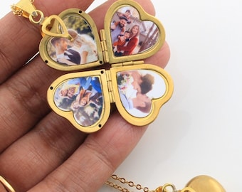 Heart Photo Locket Necklace, Personalized Folding Locket, Custom Engraved 4 Picture Locket Gift for Mom, Christmas Gift for Her