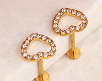 Tiny Heart Studs Internally Threaded Titanium Flat Back Studs, 16G 18G Titanium Studs Tragus Cartilage Stud Silver Gold TI-FB-CZHRT-003