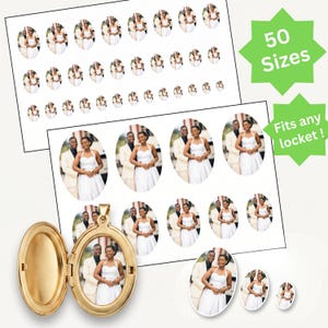 May include: A gold-toned oval locket shown open, displaying a photograph of a couple in wedding attire. Beside it are multiple sheets of paper featuring various sizes of the same oval-shaped photograph, with green starburst text reading 50 Sizes.