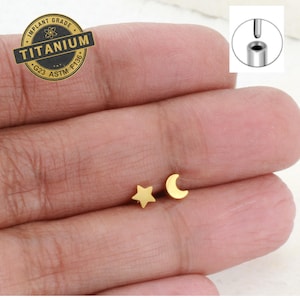 Mismatched Moon and Star Threadless Push-In 16/18/20G Titanium Flat Back Studs, Push Pin Flat Back Earring TI-PI-CELES-006-ms