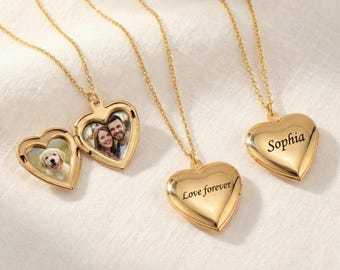 18K Heart Locket With Photos, Engraved Heart Locket, Personalized Gold Silver Photo Locket, Mothers Day Gift for Mom, Mom Present