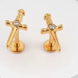 Sword Earrings Internally Threaded Titanium Flat Back Studs, 16G 18G Titanium Earrings, Tragus Forward Helix Labret Studs TI-FB-swd-021 bild 6