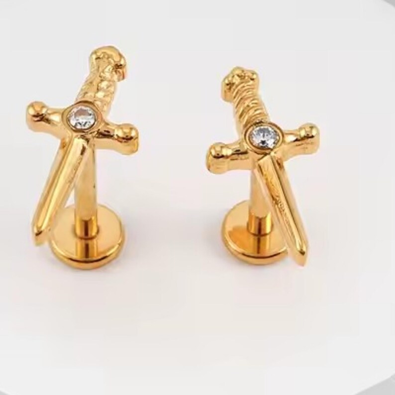 Sword Earrings Internally Threaded Titanium Flat Back Studs, 16G 18G Titanium Earrings, Tragus Forward Helix Labret Studs TI-FB-swd-021 bild 6