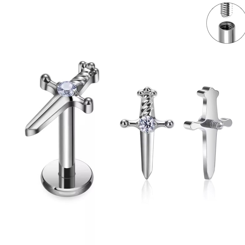 Sword Earrings Internally Threaded Titanium Flat Back Studs, 16G 18G Titanium Earrings, Tragus Forward Helix Labret Studs TI-FB-swd-021 bild 8