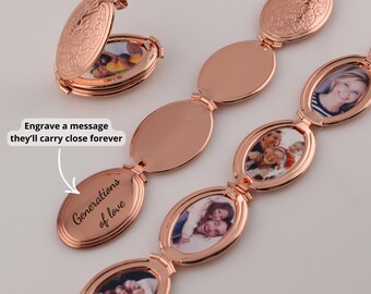 Photo Locket Necklace With Photos, Personalized 4 Picture Locket, Engraved Locket with Photos, Holiday Day Gift for Mom,  Memorial Necklace