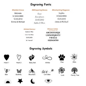 May include: A graphic showing different font styles and symbols for engraving. The fonts include Golden Grace, Whispering Waves, Enchanting Elegance, Gilded Glamour, and Classic Initials. The symbols include a heart, baby feet, infinity, paw print, wish, bee, butterfly, mountain, let it bee, luck, family tree, sun, star, moon, and eye.