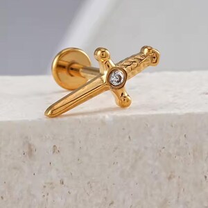 Sword Earrings Internally Threaded Titanium Flat Back Studs, 16G 18G Titanium Earrings, Tragus Forward Helix Labret Studs TI-FB-swd-021 bild 2