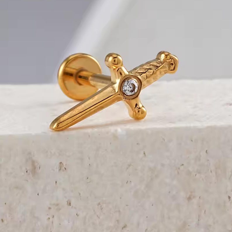 Sword Earrings Internally Threaded Titanium Flat Back Studs, 16G 18G Titanium Earrings, Tragus Forward Helix Labret Studs TI-FB-swd-021 bild 2