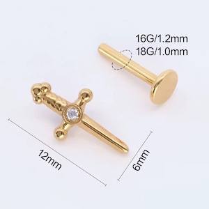 Sword Earrings Internally Threaded Titanium Flat Back Studs, 16G 18G Titanium Earrings, Tragus Forward Helix Labret Studs TI-FB-swd-021 bild 5