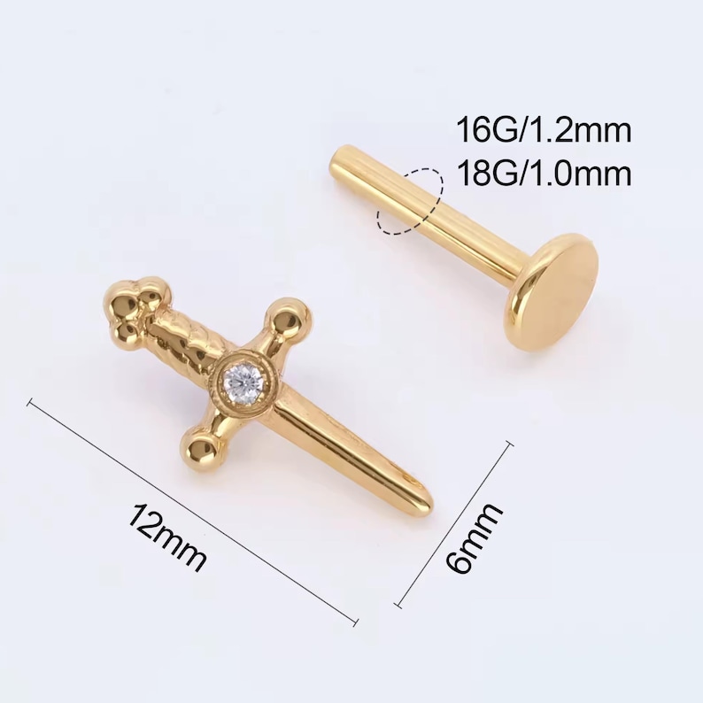 Sword Earrings Internally Threaded Titanium Flat Back Studs, 16G 18G Titanium Earrings, Tragus Forward Helix Labret Studs TI-FB-swd-021 bild 5