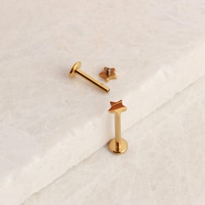 May include: Gold star shaped nose ring piercing with a straight barbell post. The nose ring is shown with the post and the star top separate.
