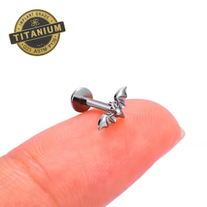 May include: A silver titanium body piercing featuring a bat design. The piercing is made of implant grade titanium and is suitable for use in the ear, nose, or lip.