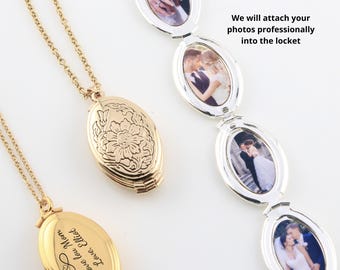 Peut inclure: Deux médaillons ovales avec des chaînes dorées. Un médaillon doré présente un motif floral gravé, tandis qu'un autre porte le texte I love you Mom Love, Elliot. Un médaillon argenté est ouvert, révélant trois cadres photo à l'intérieur.