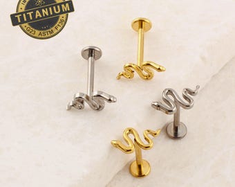 Cute Snake Earrings Internally Threaded Titanium Flat Back Studs, 16G 18G Earrings Tragus Forward Helix Labret Studs TI-fb-snk-026