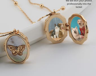 Personalized Photo Locket Necklace, 14K Vintage Butterfly Locket with Photos, Birthday Locket Gift For Daughter, Necklace Gift for Girls