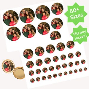 May include: A sheet of circular photo stickers featuring a family portrait with a Christmas tree background, alongside a gold-toned metal locket. The sheet includes text stating 50+ Sizes and Fits any locket, with various sticker diameters displayed.