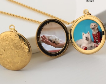 Personalized Photo Locket Necklace, Gold Locket, Locket with Photos, Pet Memory Gift For Mom, Memory Necklace For Mom, Engraved Memory Gift