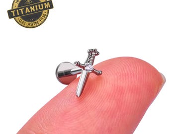 Sword Earrings Internally Threaded Titanium Flat Back Studs, 16G 18G Titanium Earrings, Tragus Forward Helix Labret Studs TI-FB-swd-021