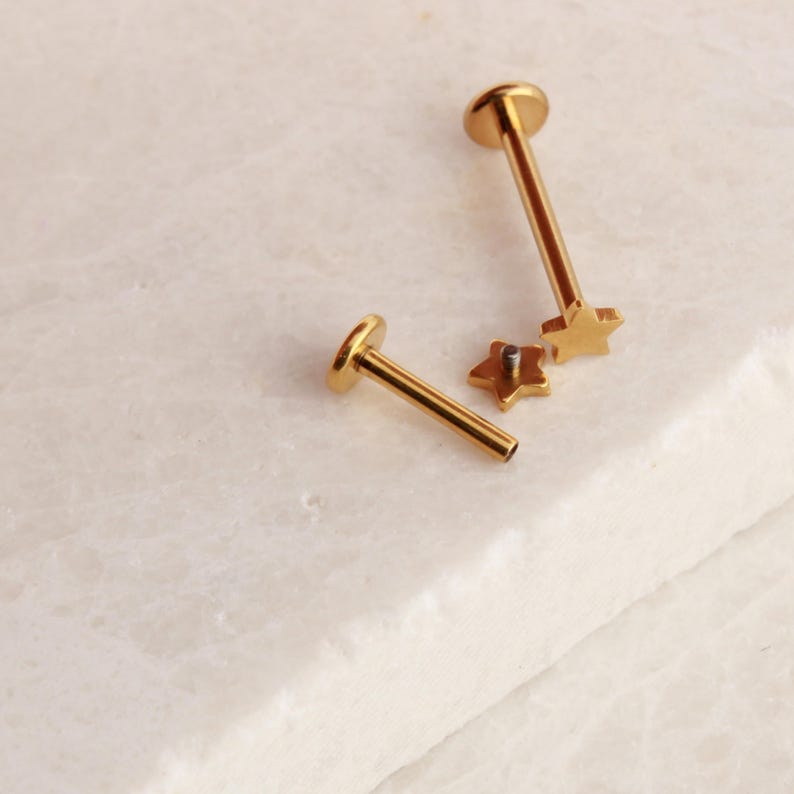 May include: Gold-toned body jewelry with a star-shaped charm. The jewelry is made of surgical steel and is suitable for lip, eyebrow, or nose piercings.