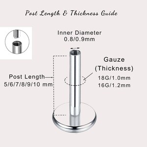 May include: A guide for choosing the right size and thickness for a body piercing post. The guide shows the different post lengths in millimeters, from 5 to 10 millimeters, and the different gauge sizes, 18G and 16G, with their corresponding thicknesses in millimeters.