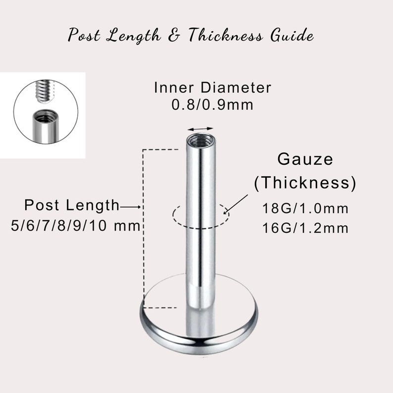 May include: A guide for choosing the right size and thickness for a body piercing post. The guide shows the different post lengths in millimeters, from 5 to 10 millimeters, and the different gauge sizes, 18G and 16G, with their corresponding thicknesses in millimeters.