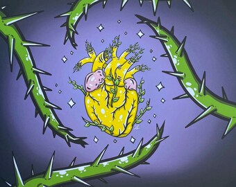 Könnte beinhalten: Ein gelbes Herz mit grünen Ranken, die aus ihm herauswachsen, umgeben von zwei grünen, dornigen Zweigen auf einem violetten Hintergrund.